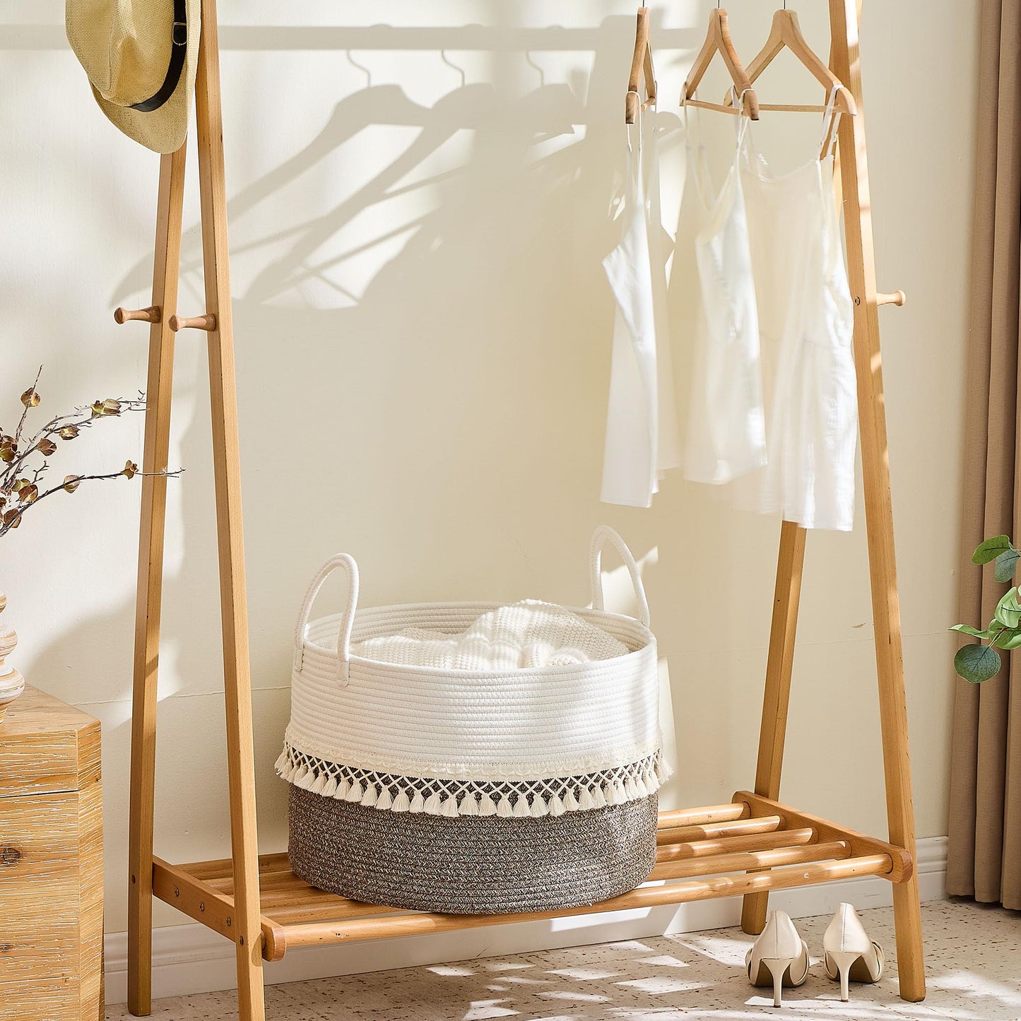 KAKAMAY Cotton Rope Storage Basket (20"x13"),Woven Hamper for Blankets,Toys,Pillows,Clothes,Laundry,Sturdy Handles Decorative Basket for Living Room, Bedroom,Nursery(Beige Fringe)