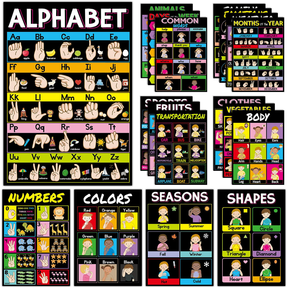 gisgfim 18 Pieces ASL Poster America Sign Language Poster ASL Study Charts for Classroom Education Posters Sign Language for Primary School Toddlers Kids Students Classroom Decor (Black)