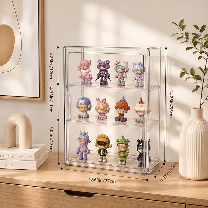 Attelite Acrylic Display Cases for Collectibles, 4 Pack 3 Layer Clear Display