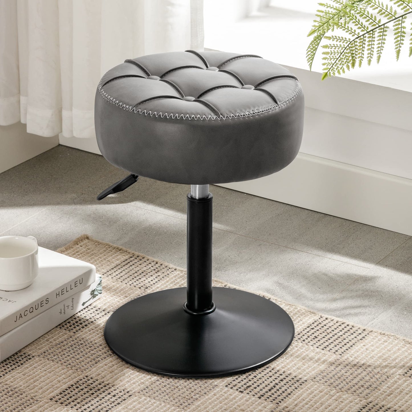 LUE BONA Height Adjustable Vanity Stool 15.8"-20.7", 360° Swivel Gray Faux Leather Chair, 300lb Capacity for Makeup Room, Bathroom