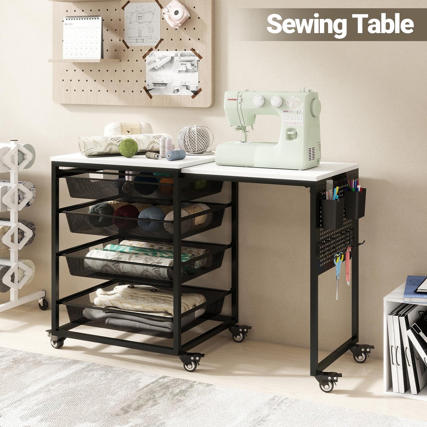 Rolling Craft Storage Cart with Wheels & Mesh Drawers, Extendable Craft Table with Pegboard Organizer, Muti-functional Work Table for Sewing, Arts and Crafts, Scrapbooking Storage,3D Printers (White)