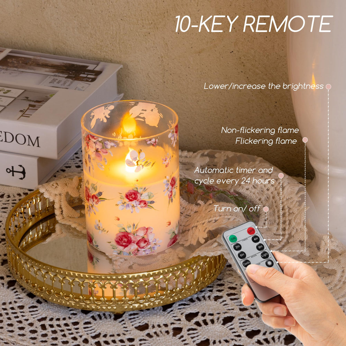AFINETH Rose Flameless Candles Set of 3 – Glass Battery Operated Candles with Remote, Flickering Floral Flameless Candle for Wedding, Home, Party Gift