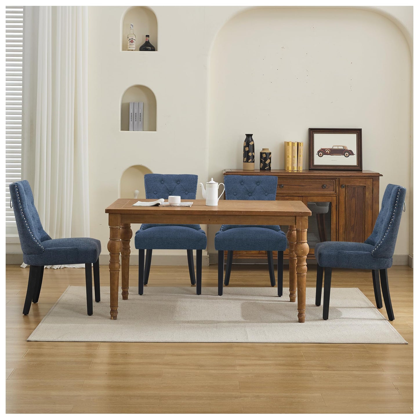UDAX Upholstered Tufted Dining Chairs Set of 4, Fabric Side Dining Room Chairs with Nailhead Back Ring Pull Trim Solid Wood Legs, Dark Blue