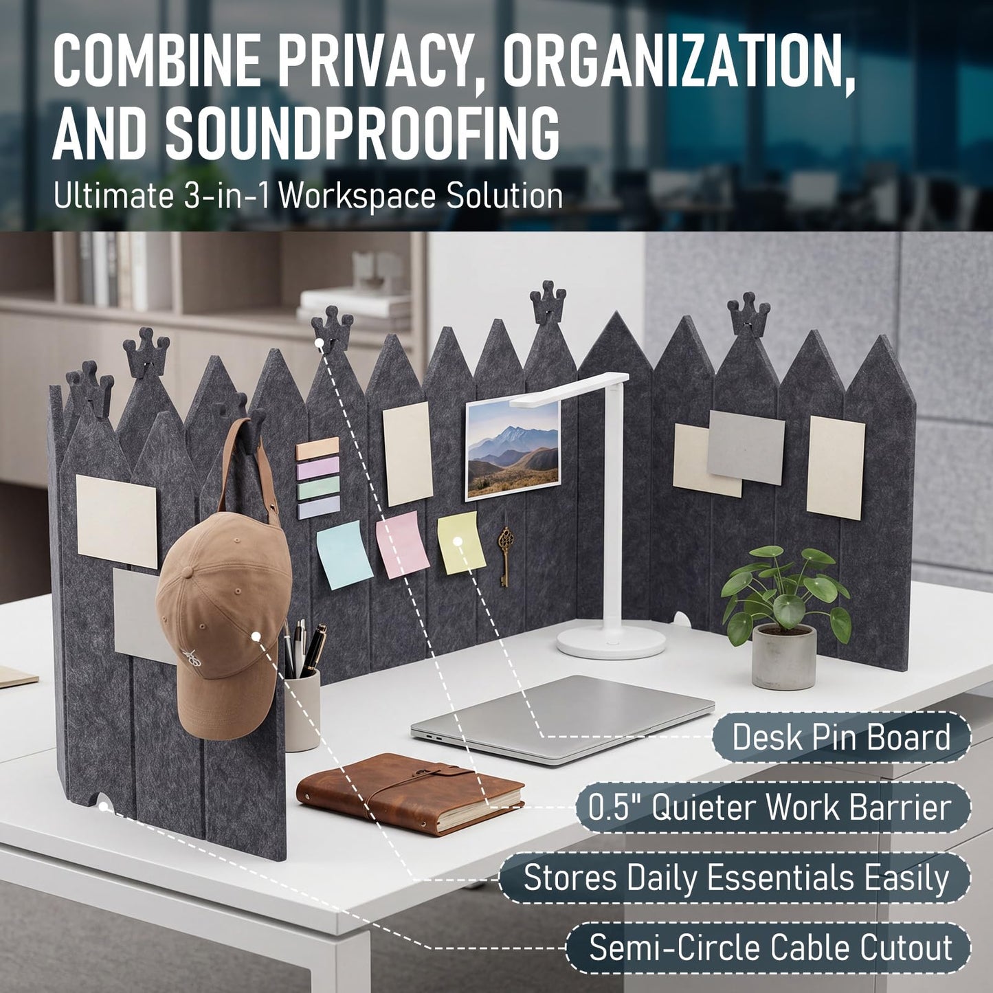 Dunzoom Acoustic Felt Desk Divider, 86 x 16.5 Inch Foldable Privacy Screen Panel Table Partition with Decorative Clips, Fence Design Tackable Cubicle Panel for Office Home Classroom