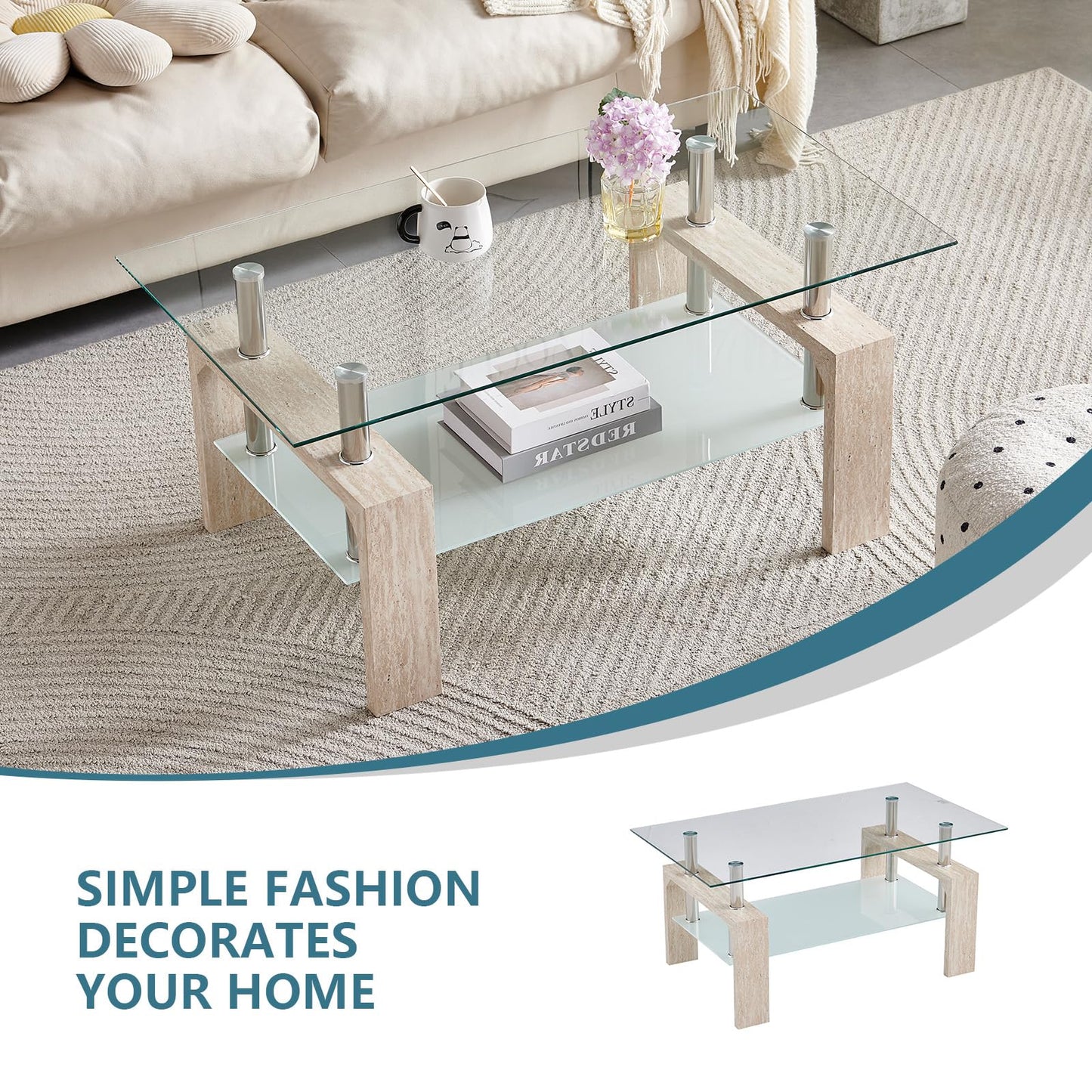 Living Room Rectangle Coffee Table, Tea Table Suitable for Waiting Room, Modern Side Coffee Table with Wooden Leg, Glass Tabletop with Lower Shelf (Yellow Travertine)