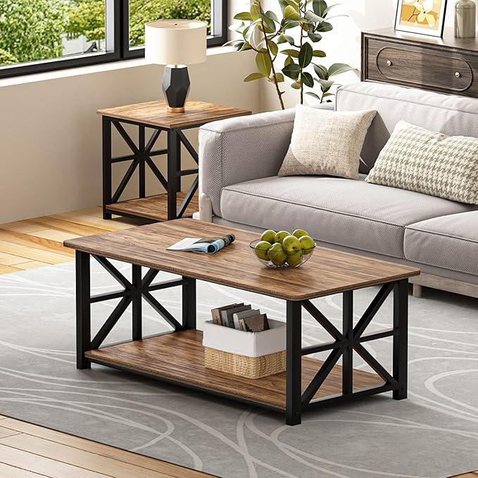 GreenForest Coffee Table with Round Corner, Farmhouse Center Table with 2-Tier