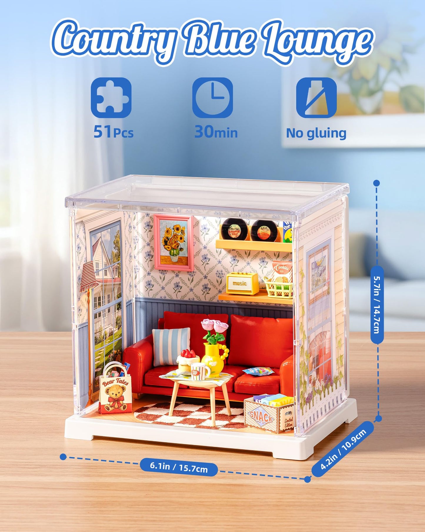 Rolife Super Creator Mini Series, DIY Plastic Miniature Kits Retail Store Series, Mini Model House Building Set for Teens Aged 14+, DIY Crafts/Hobbies for Adults (Country Blue Lounge)