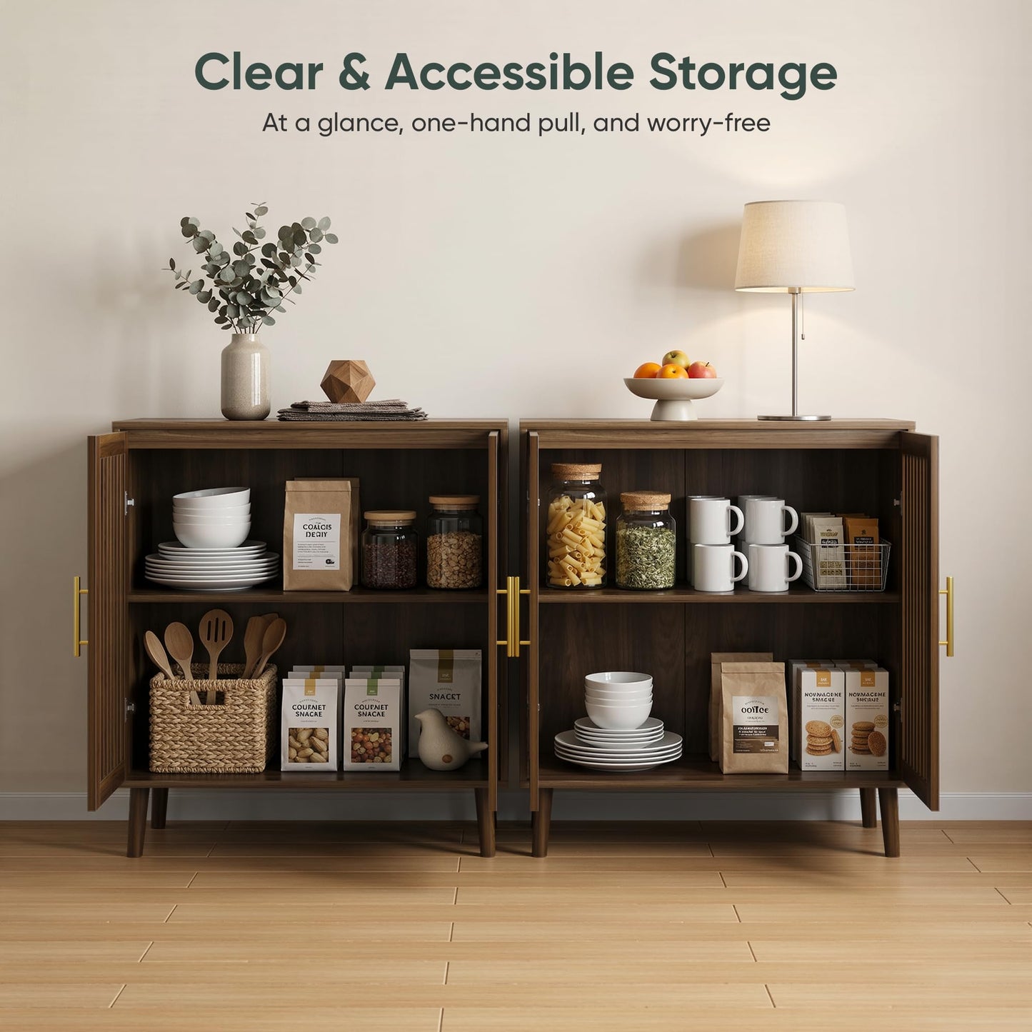Smart FENDEE Sideboard Cabinet, 31.5" W Farmhouse Buffet Cabinet with Slatted Doors & Adjustable Shelf, Wood Coffee Bar Storage Station for Kitchen, Dining Room, Living Room, Entryway, Walnut Color