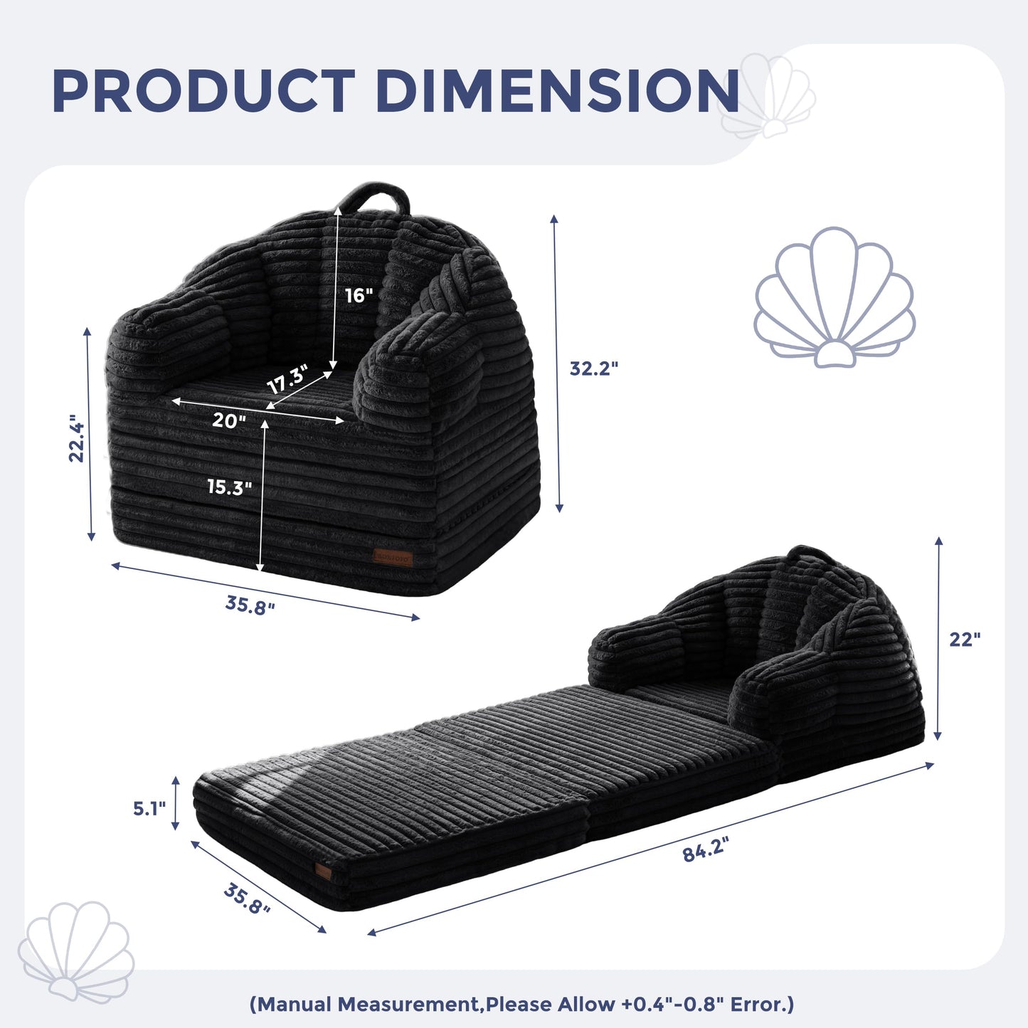MAXYOYO Folding Sofa Bed, 2 in 1 Convertible Sofa to Lounger Comfy Faux Fur Bean Bag Chair for Adults, Floor Single Couch Chair with Handle, Couch Bed for Living Room Bedroom, Black