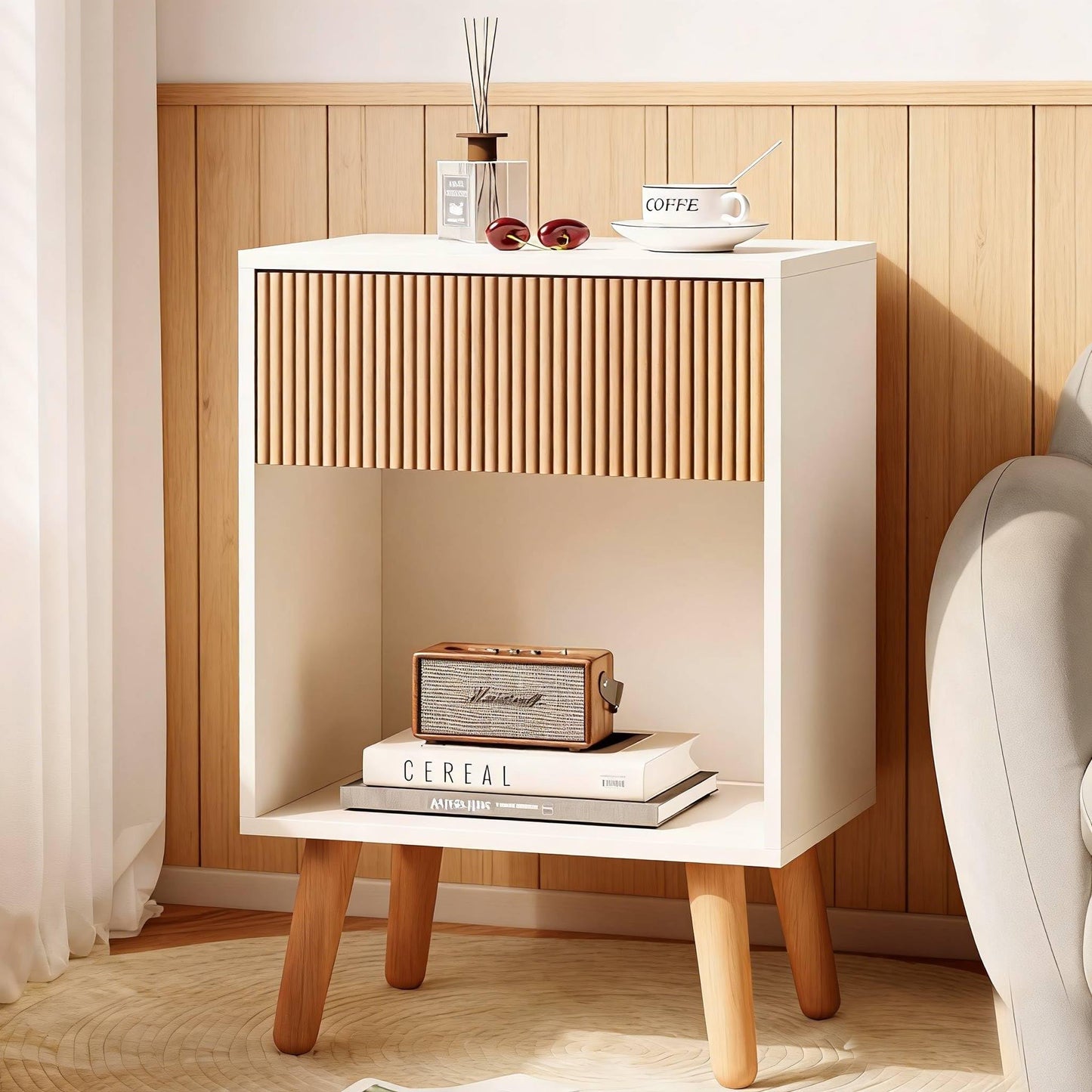 Fluted Nightstand, Modern Bedside Table with Storage Drawers and Open Wood Shelf, Night Stand with Solid Wood Legs, End Tables Side Tables for Living Room, Bedroom