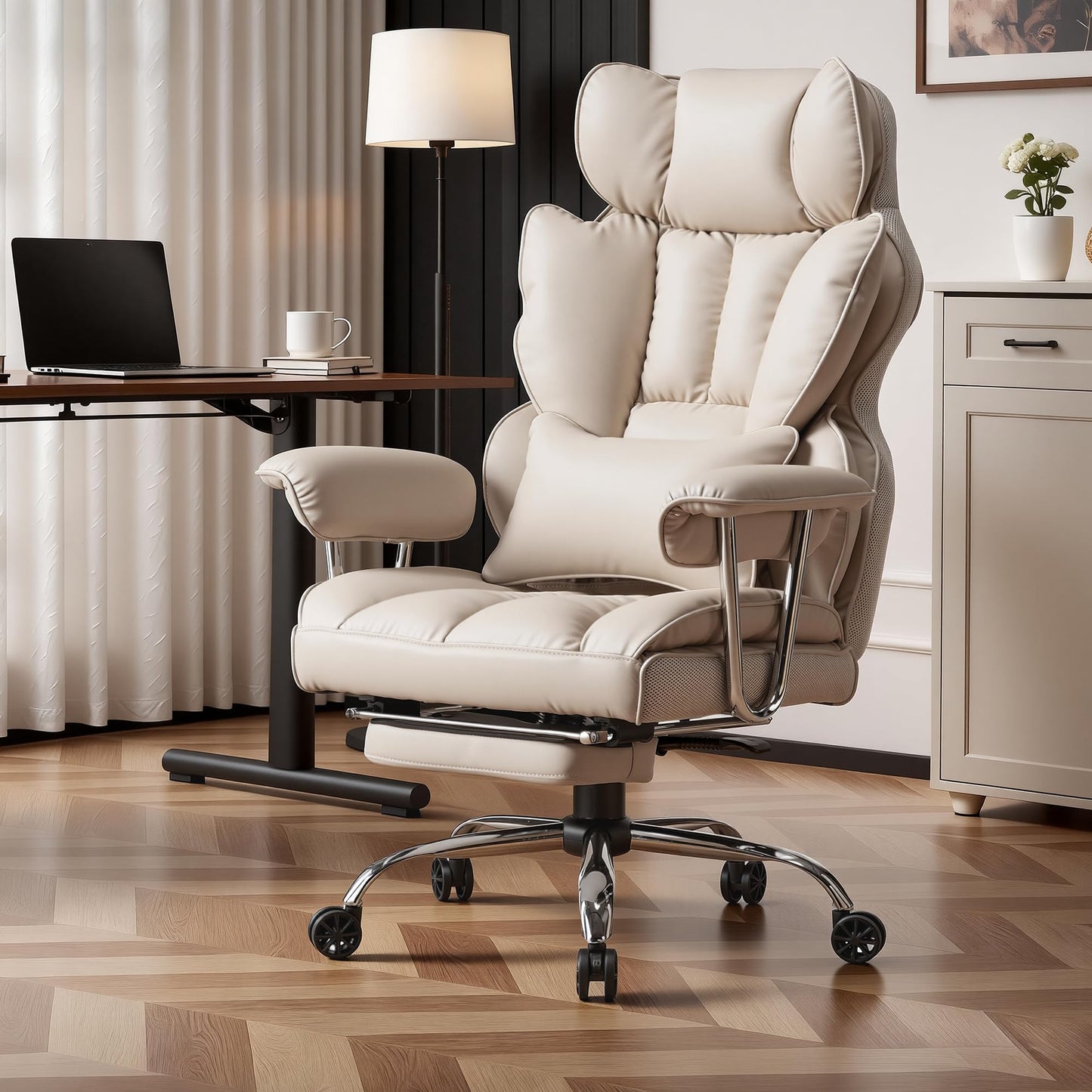 Efomao Big and Tall Office Chair 400lbs – PU Leather Executive Office Chair with Lumbar Support & Leg Rest, Heavy-Duty Computer Chair for Home Office, Grey