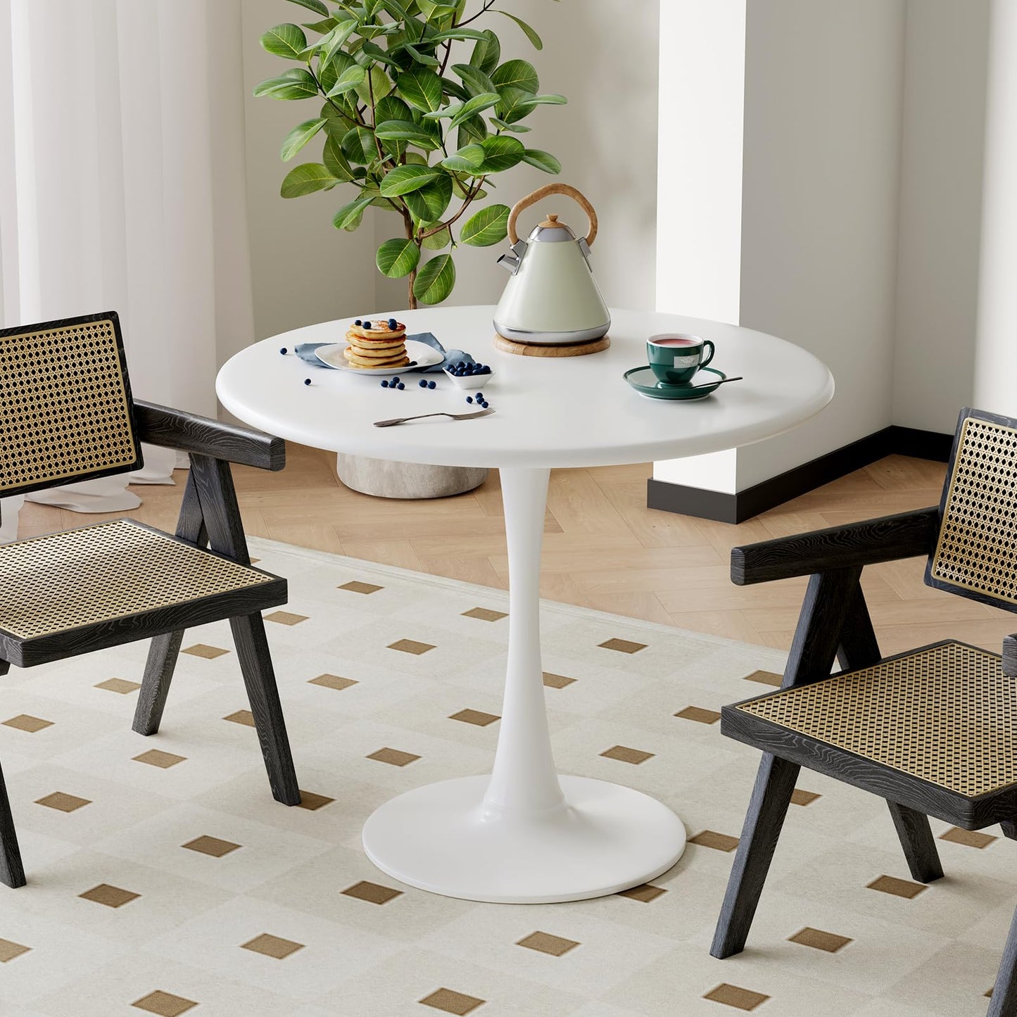 White Round Dining Table for 2 Person, 24 Inch Small Tulip Table with Pedestal for Living Room, Mid Century Modern Kitchen Tables for Office, Bistro, Pub, Bar, Wood Circle Cafe Tables,mesas de comedor