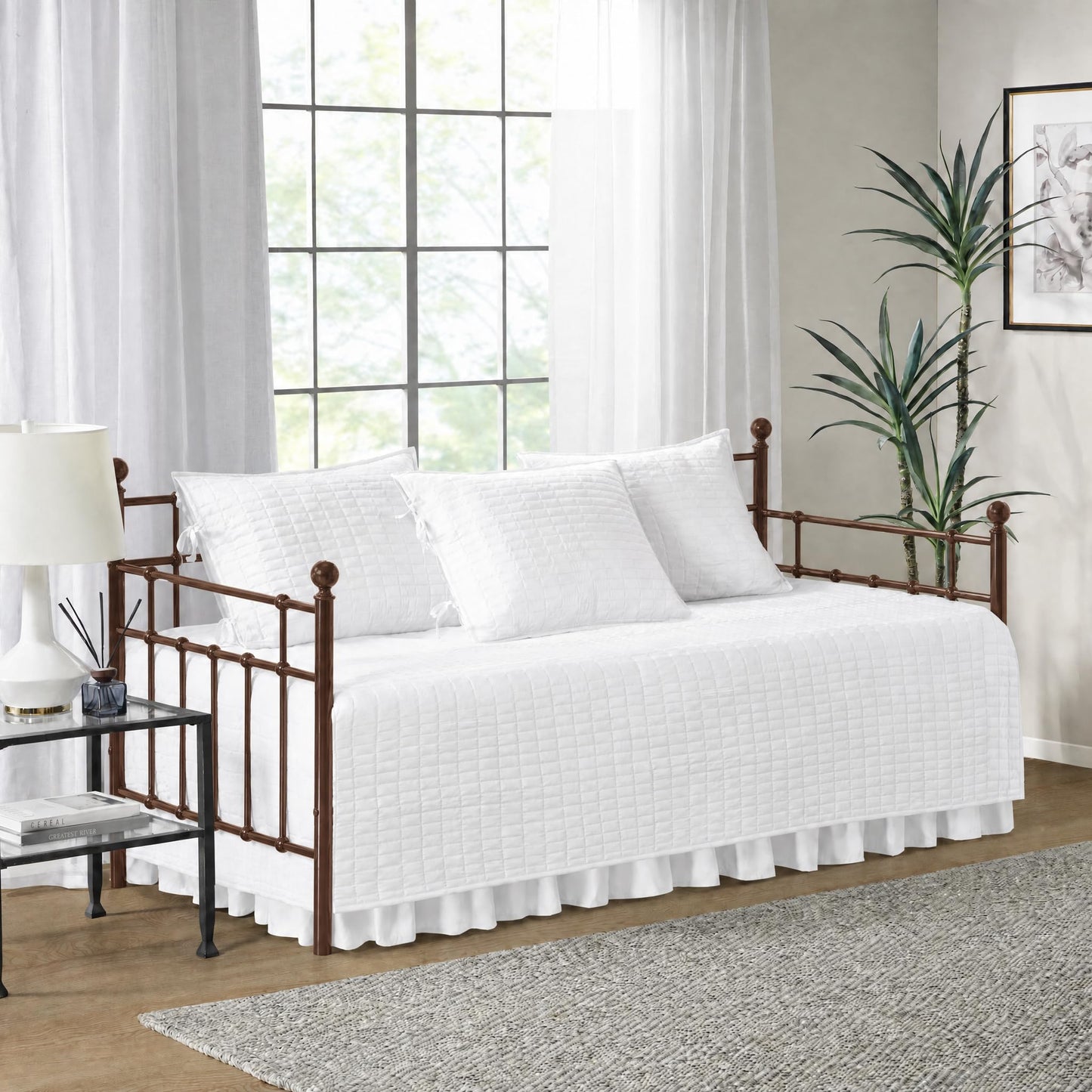 Comfort Spaces Daybed Cover - Luxe Double Sided Quilting, All Season Cozy Bedding with Bedskirt, Matching Shams, Kienna White 75"x39" 5 Piece