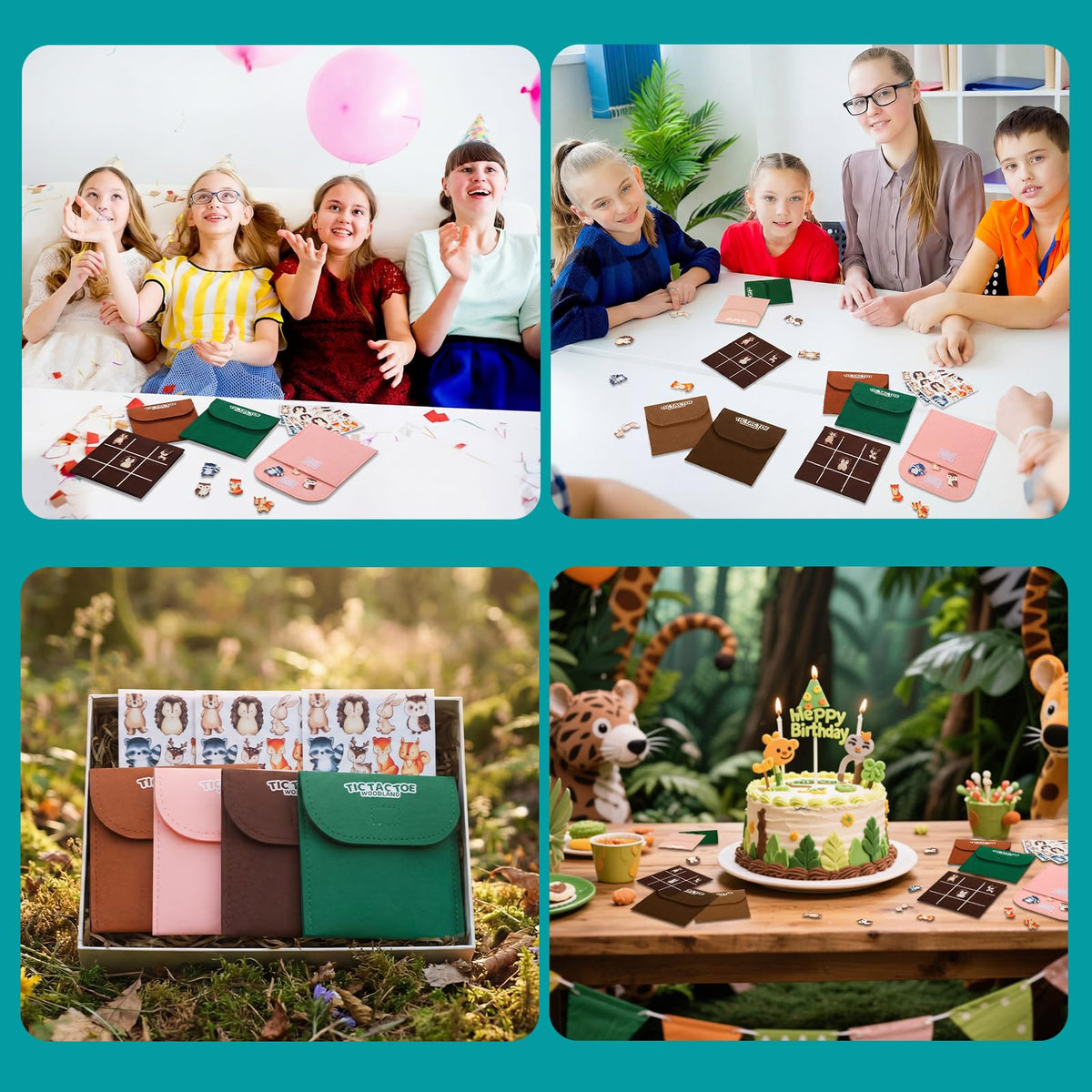 JolliLudo 24 Set Tic Tac Toe Game Pack Woodland Animals Jungle Party Favors Felt Safari Goodie Bags Stuffers Baby Educational Toys Board Game with Envelopes for End of Year Students Classroom Prizes