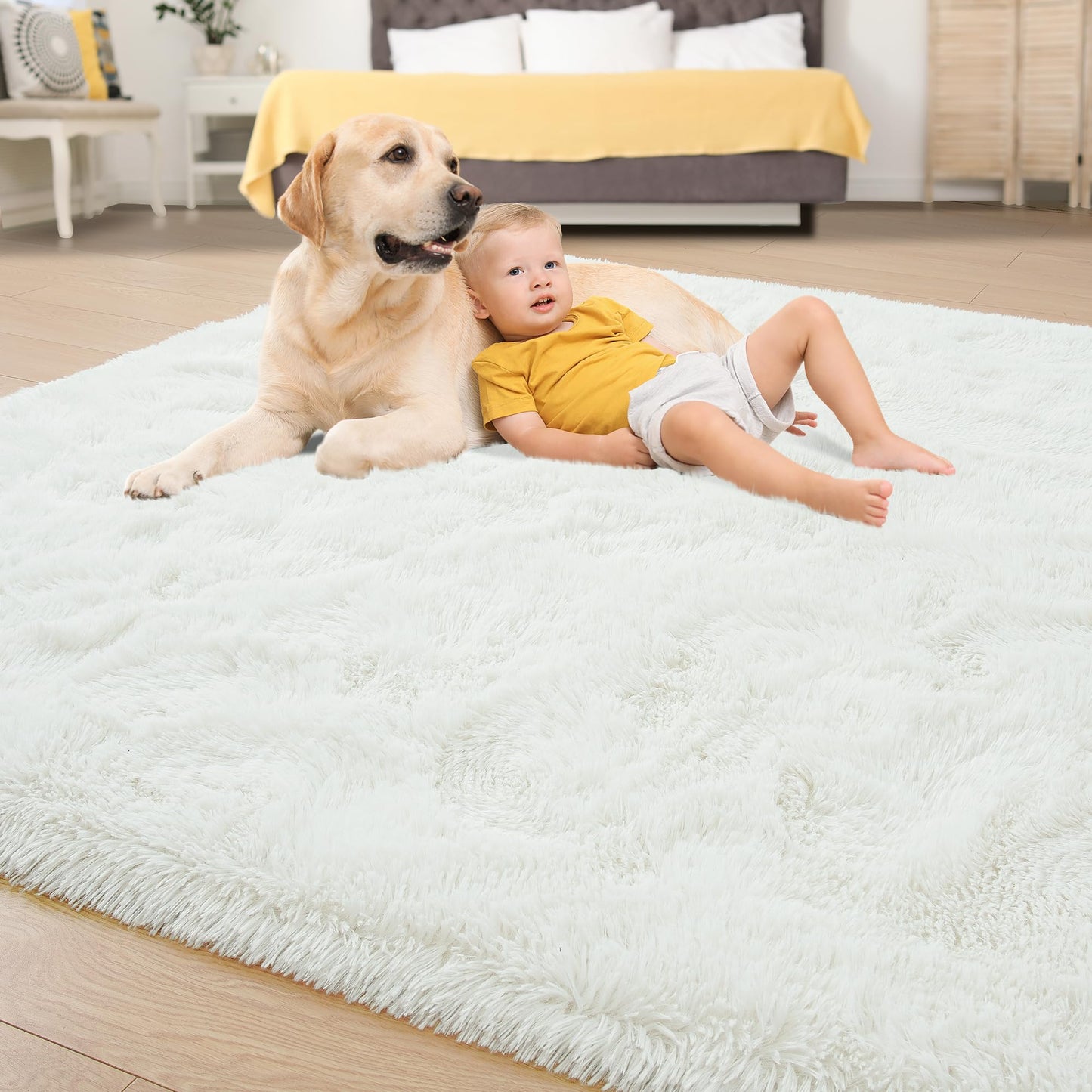 Tepook Super Soft Fluffy Rug for Bedroom, Modern Shaggy Fuzzy Kids Rugs for Living Room, Plush Indoor Nursery Home Decor Dorm Carpet with Non-Slip Bottom, Cream White, 4 X 6 Feet