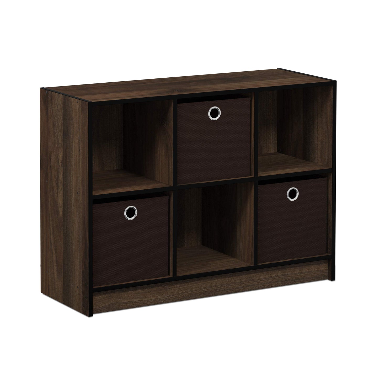 Furinno BASIC Book Shelf, 6-Cube Bookshelf with Open Shelf, 3 x 2 Bookcase with Storage Bins, Closed Back, Horizontal, 11.9 x 31.6 x 23.6, for Living Room, Bedroom, Home Office, Columbia Walnut