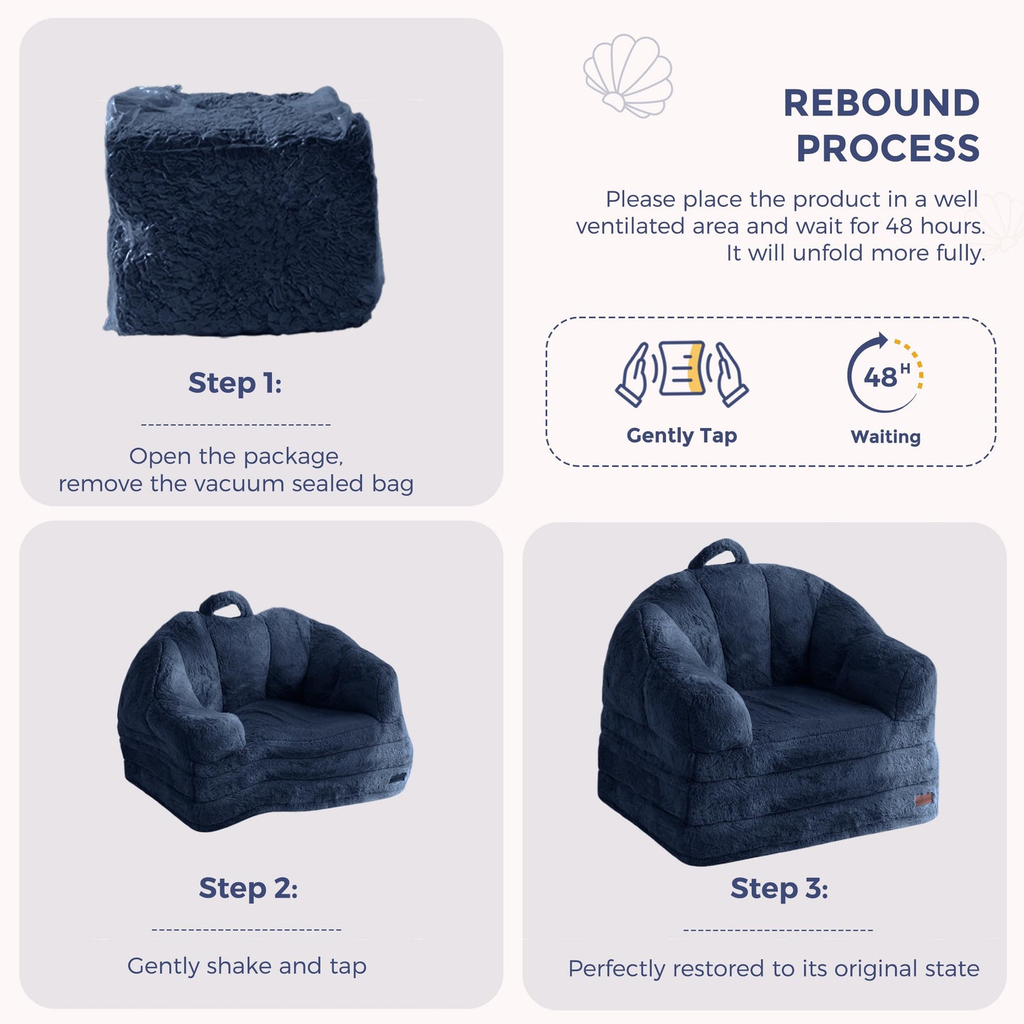 MAXYOYO Folding Sofa Bed, 2 in 1 Convertible Sofa to Lounger Comfy Single Bean Bag Chair for Adults, Floor Couch with Handle, Faux Fur Couch Bed for Living Room Bedroom, Navy