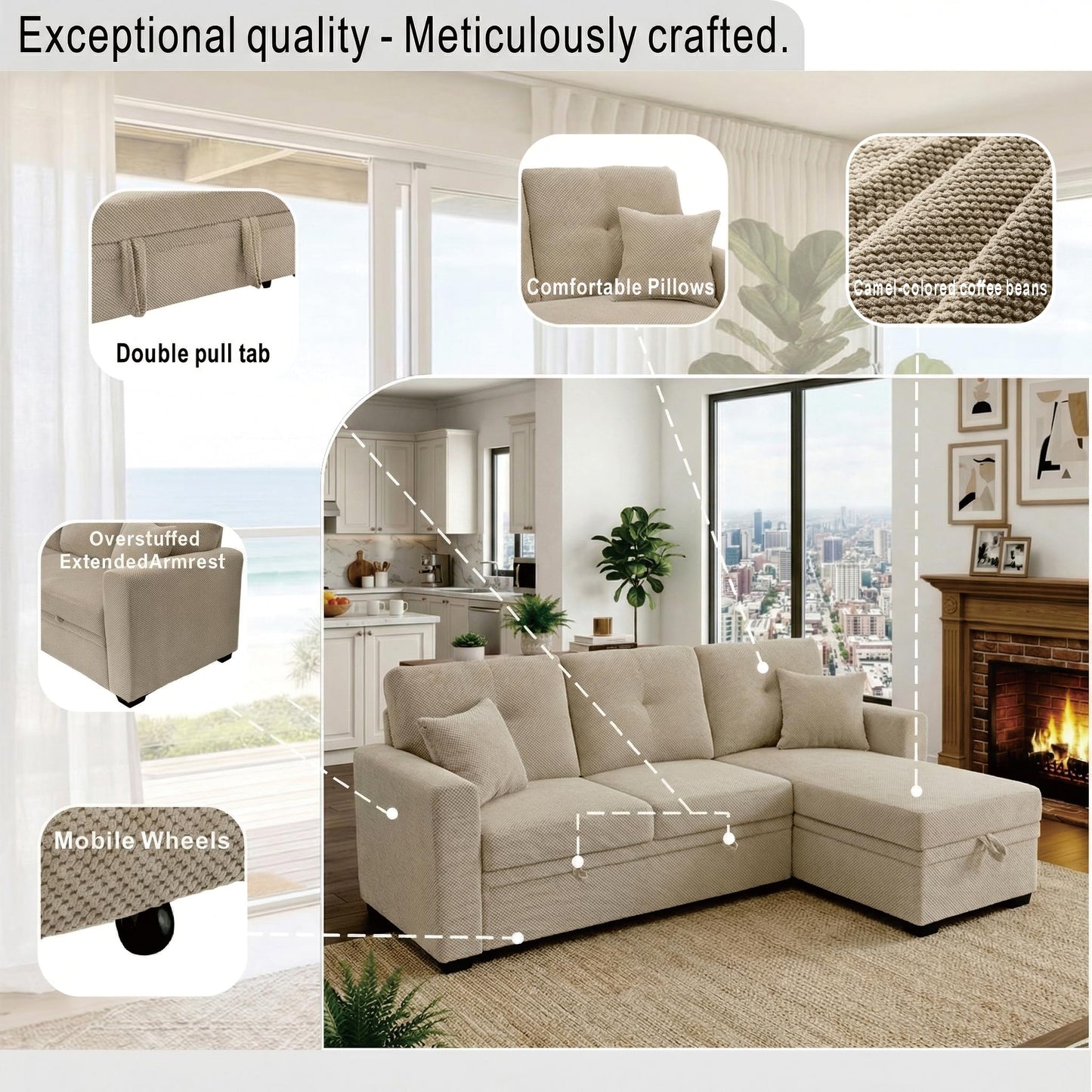 WuerQi 71" Sofa Bed with Queen Size Pull Out Couch, Sectional Sleeper Sofa with Reversible Storage Chaise, L Shaped Couch for Living Room, Apartment and Small Spaces (Camel-L Shaped)