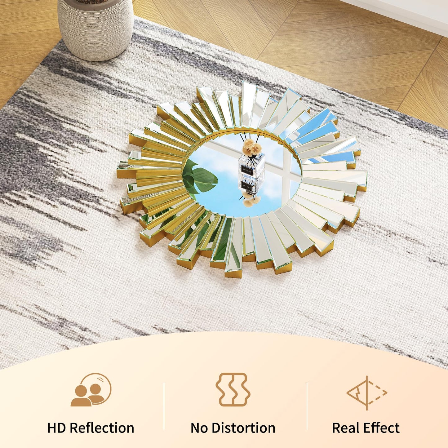 MYOTA Silver Sunburst Wall Mirror, 26" Decorative Round Accent Mirror with Beveled Mirrored Frame, Modern Glam Luxury Wall Decor for Living Room, Bedroom, Entryway, Dining Room and Fireplace
