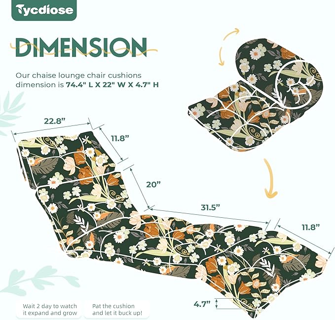 Outdoor Chaise Lounge Chair Cushion Waterproof 74.4 x 22 x 4.7 Inches Memory