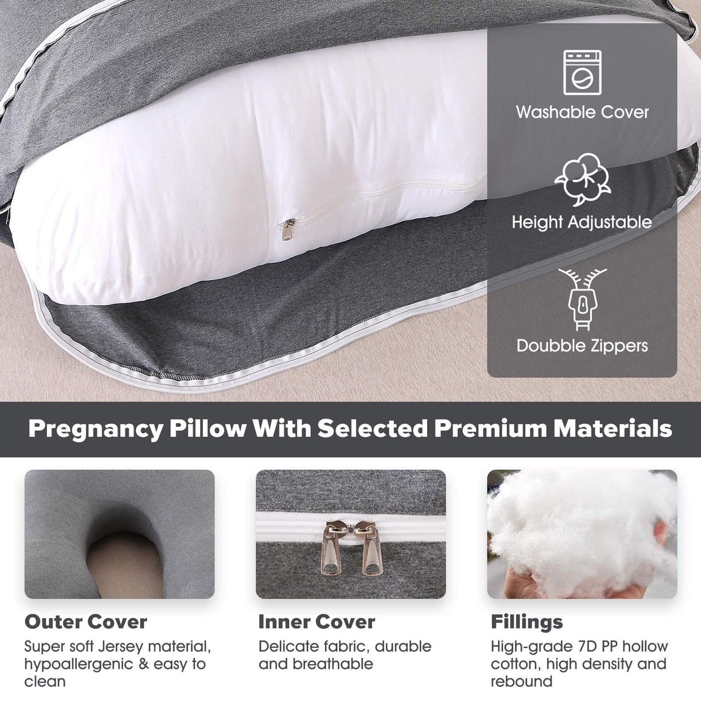 BATTOP Pregnancy Pillow for Sleeping, Full Body Pillow for Pregnancy Women with Removable Cover, 57 Inch Maternity Pillow, Support for Back, Legs, Belly, Hips（Black Drey）
