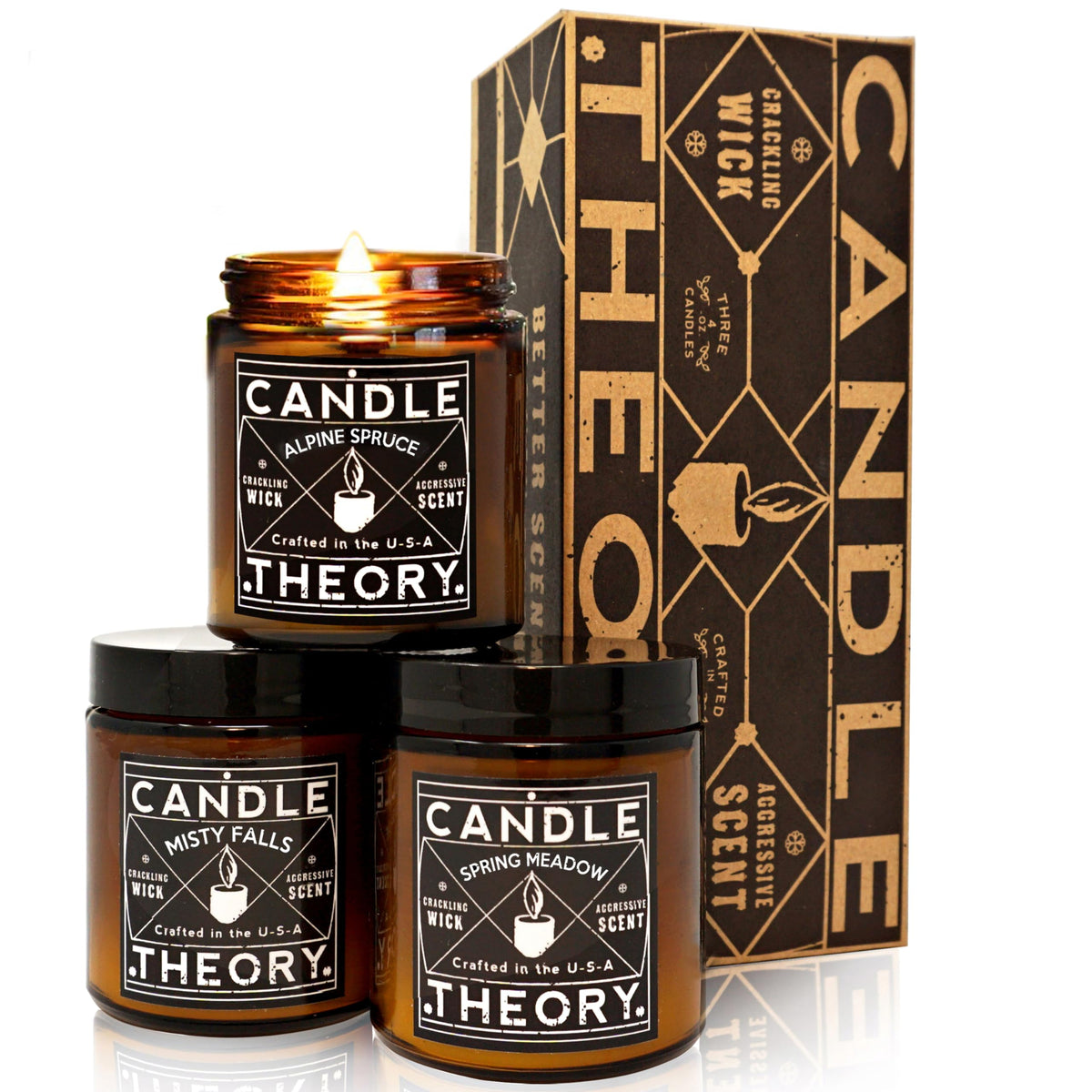 Scented Candle Gift Set with Crackling Wood Wicks 3, 4oz Candles, Misty Falls, Alpine Spruce, Spring Meadow - Designed for Both Men Women, Man Cave Decor Wood Wicks Candle Candles for Home