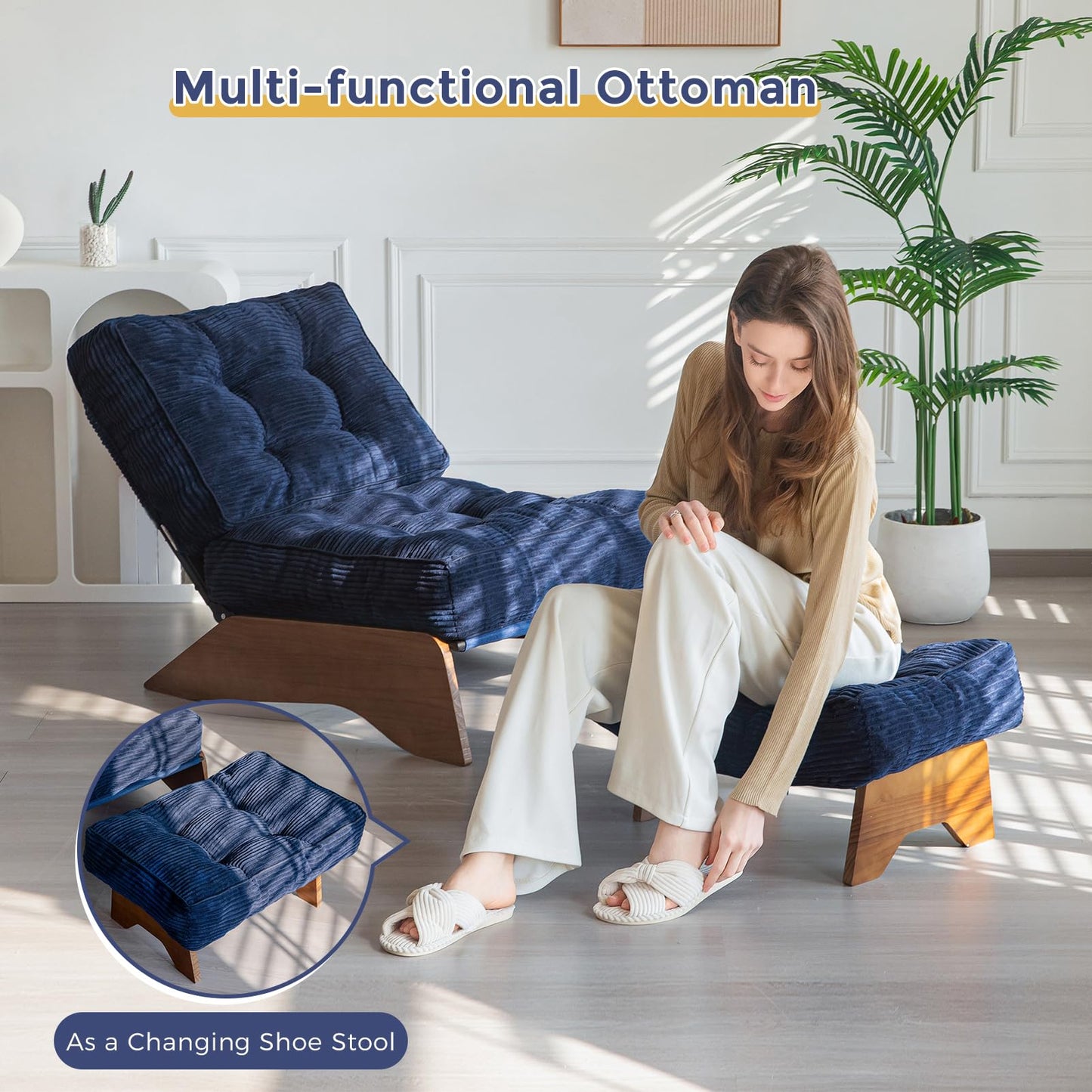 MAXYOYO Accent Chair with Ottoman Adjustable Backrest, Tufted Living Room Chair Upholstered Lounge Chair with Footrest Set, Modern Chair Cozy Reclining Chair for Reading Room, Navy