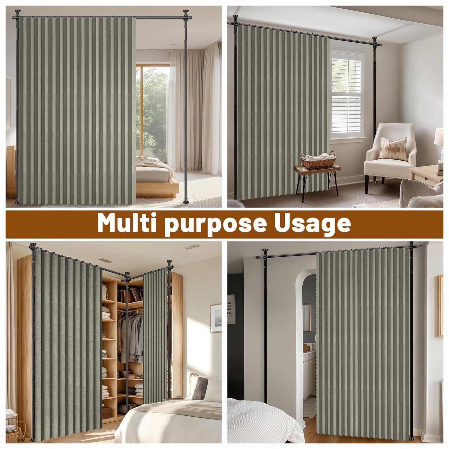 AJAZZ Privacy Curtains for Room Divider with Blackout & Soundproof (2 Panels, Grey, W100 x L96 in)+ No Drill Curtain Rods(H) 43-120×(W) 35-200 in, Wall Divider for Bedroom/Studio/Office Curtain