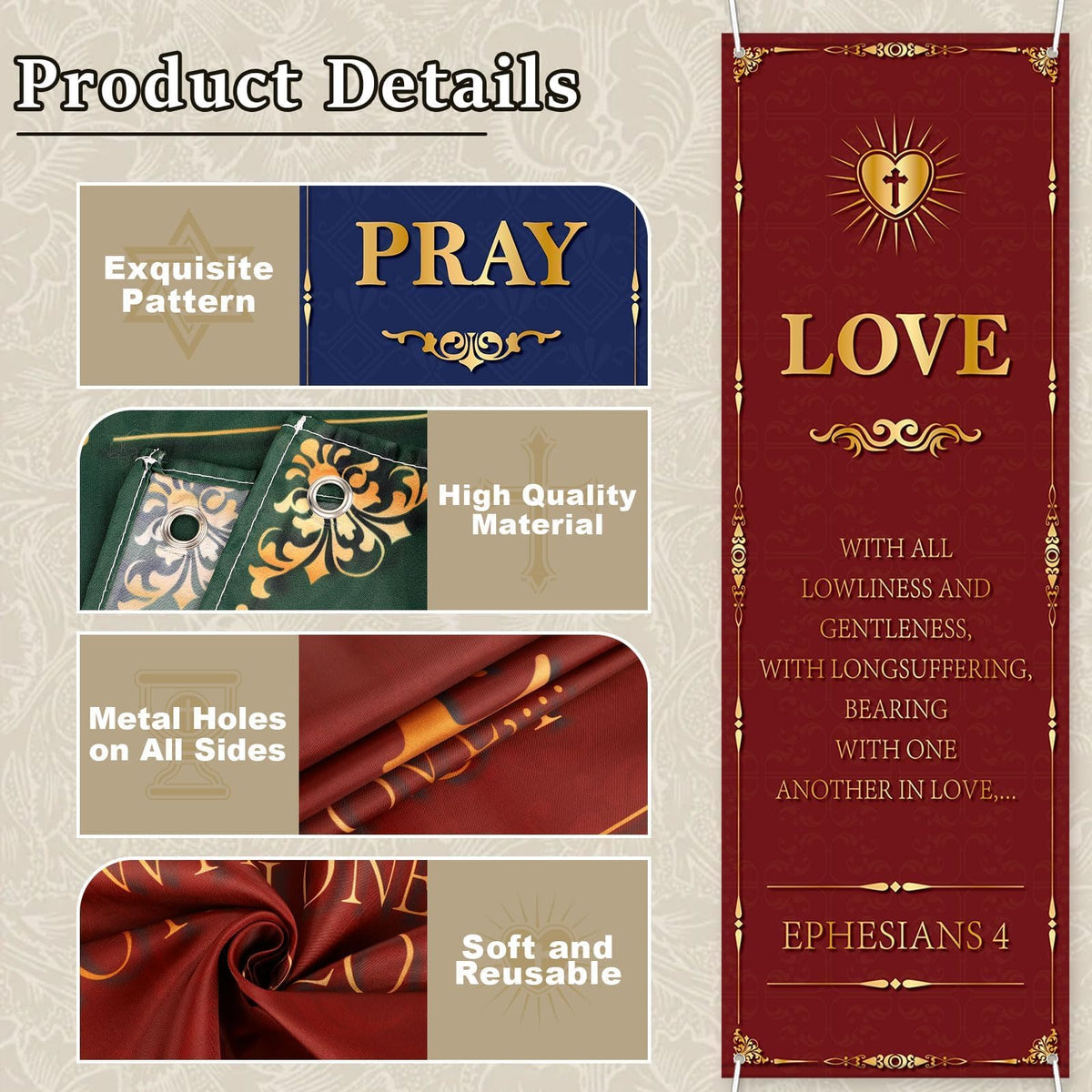 4Pcs Welcome Religious Easter Banners for Church Sanctuary Wall - Hanging Backdrop Worship Christian Nativity Banner Scripture Porch Signs for Easter School Nativity Decor