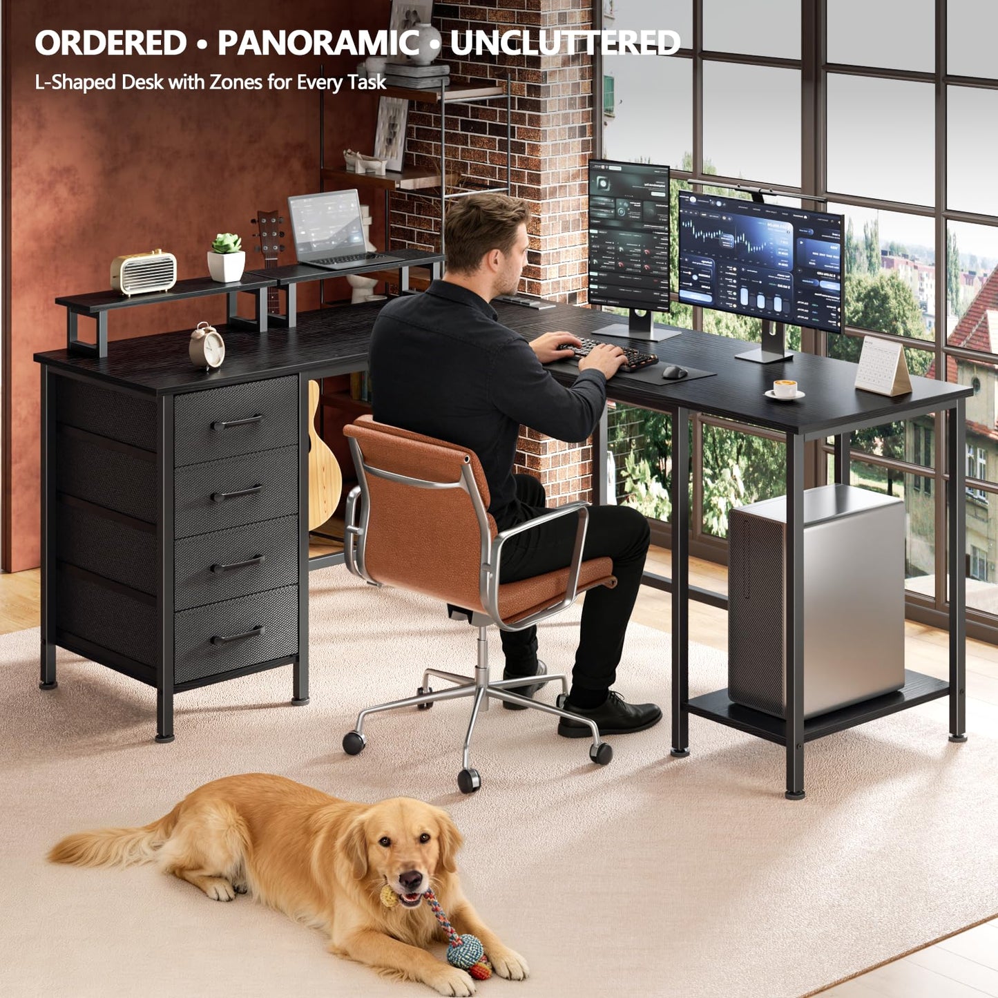 Korfile 59 inch L Shaped Computer Desk with Power Outlets, Home Office Desk with 4 Adjustable Storage Drawers & 2 Monitor Stands, Two Person Gaming Table for Bedroom, Black