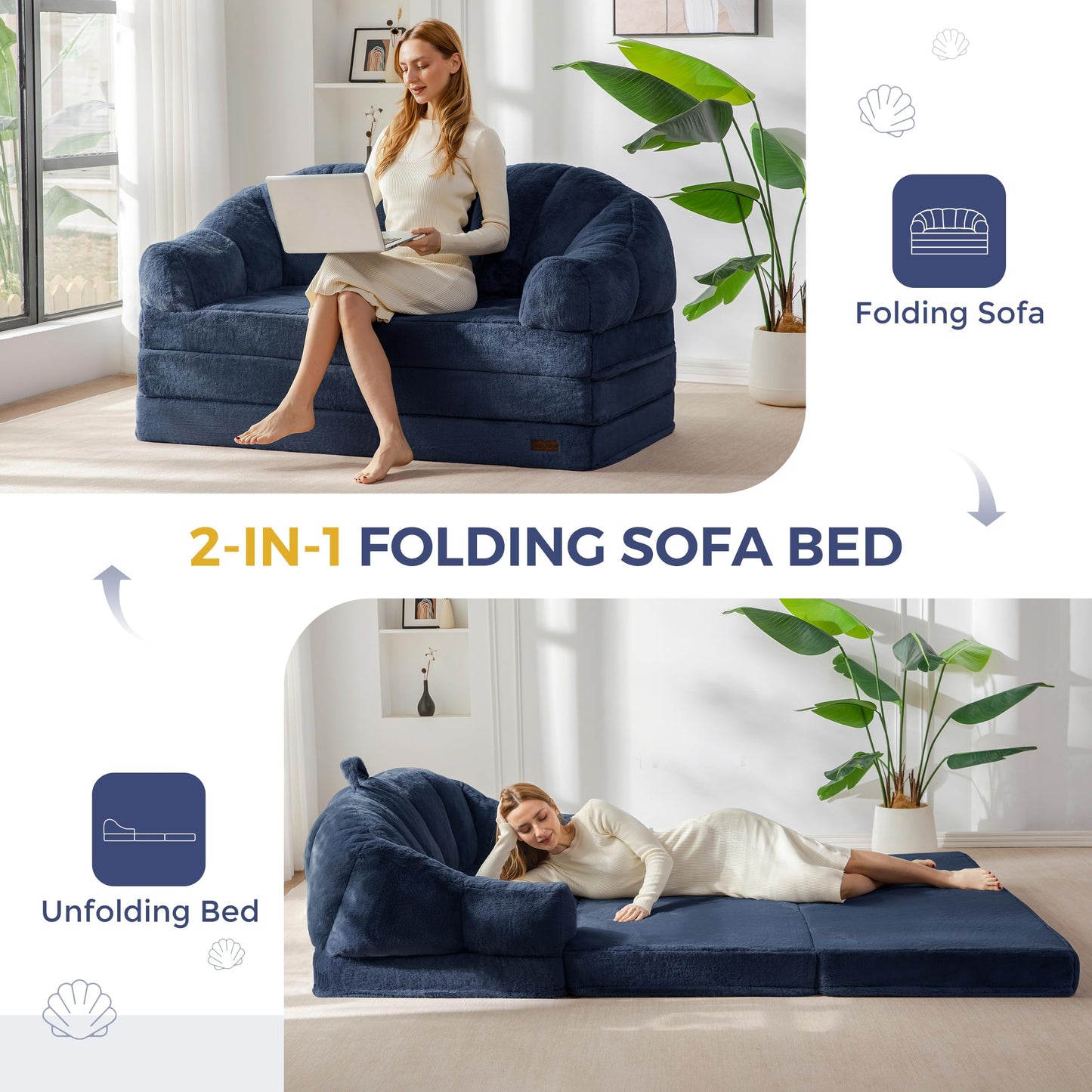 MAXYOYO Folding Sofa Bed, 2 in 1 Convertible Sofa to Lounger Comfy Loveseat Bean Bag Chair for Adults, Floor Couch with Handle, Faux Fur Couch Bed for Living Room Bedroom, Navy, Loveseat