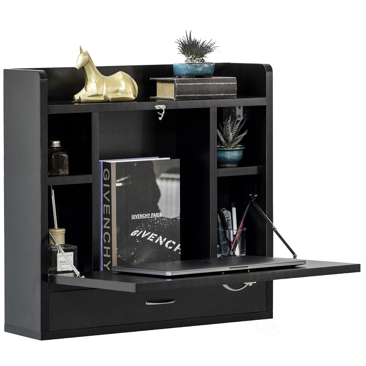 Basicwise Wall Mounted Folding Desk - Space Saving Fold Down Desk with Storage Shelves and Drawer, Convertible Floating Laptop Table for Small Spaces, Home Office, 23.75 x 6.75 x 23 in, Black