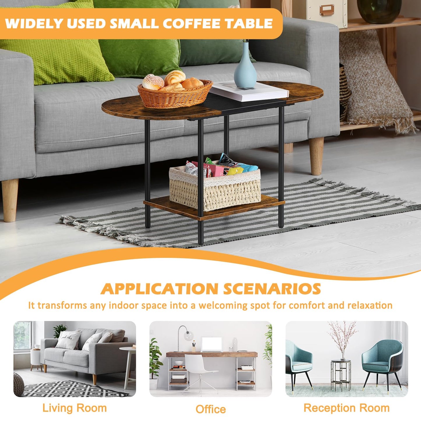 ETELI Small Round Coffee Tables for Small Space Farmhouse Oval Coffee Table with 2-Tier Storage Shelf Circle Center Tea Table for Living