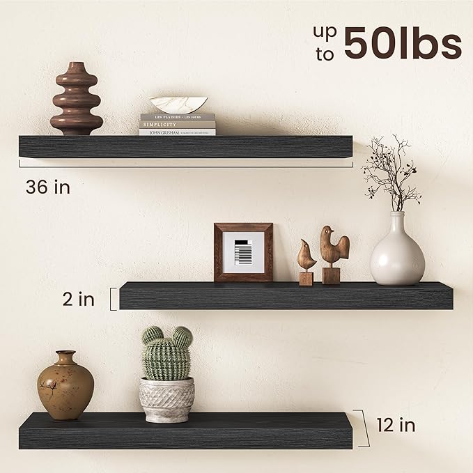 36Inch Black Floating Shelves for Wall, 12 Inch Deep Shelves for Bedroom
