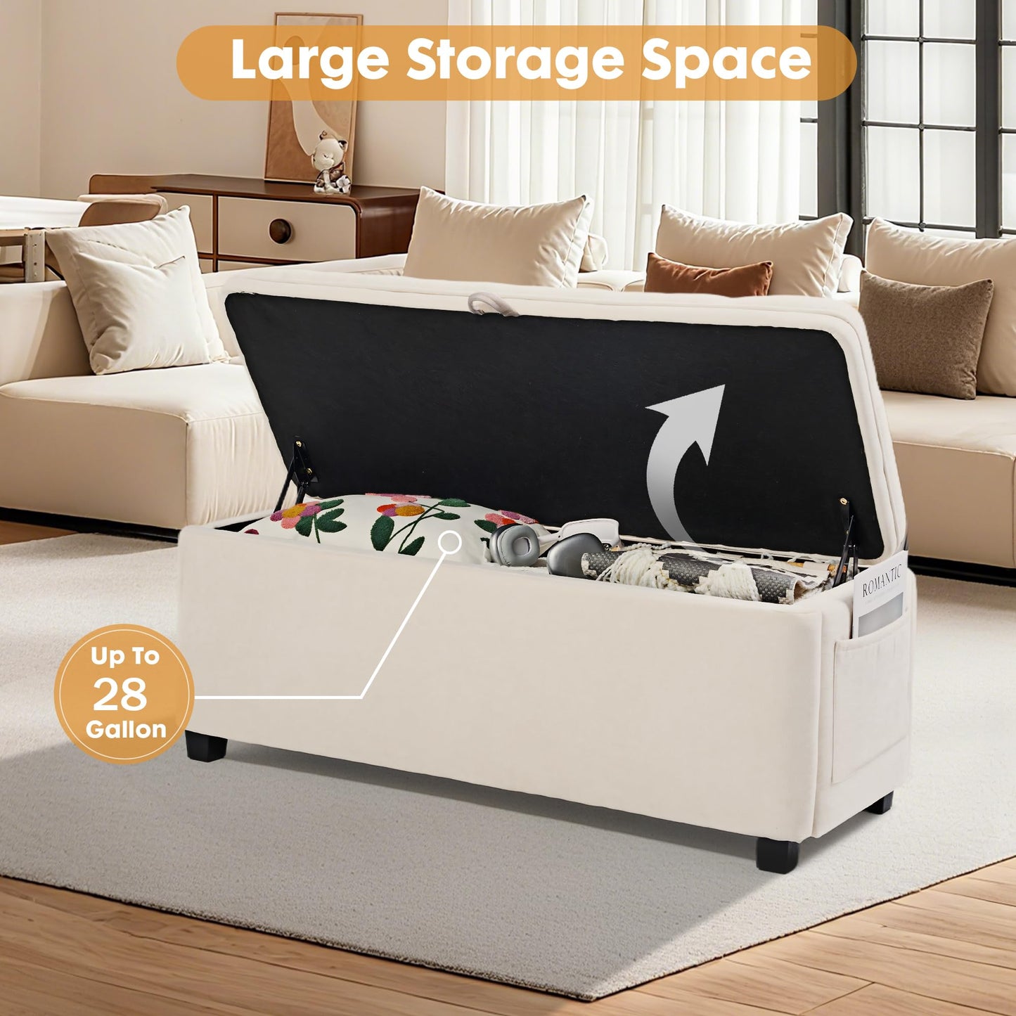 2BYF 45" Storage Ottoman Bench, Tufted Ottoman with Storage for Living Room, Large End of Bed Ottomans, Modern Entryway Benchs, Window & Bedroom Benches for Foot of Bed (Ivory)