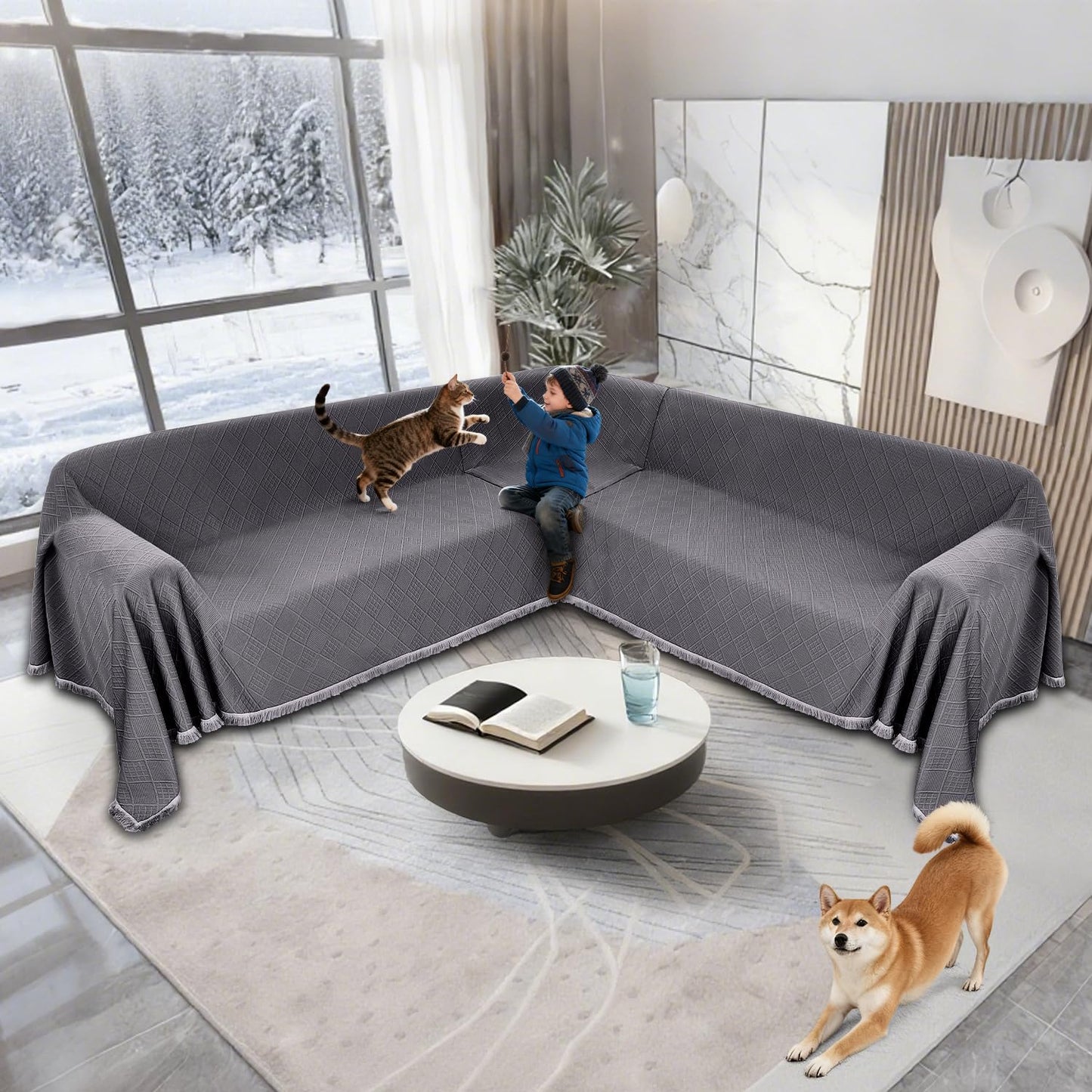 HYZOTEX Waterproof Sectional Couch Covers Sectional Sofa Cover L Shaped Corner Sofa Slipcovers Blanket for Dogs Pets Washable Jacquard Quilted L Shape Furniture Protector (75x276 in, Dark Grey)