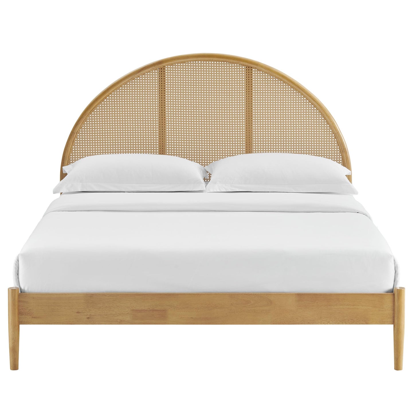 Modway Odette Arched Queen Platform Bed in Oak with Rattan Cane Headboard – Wooden Queen Half Moon Bed Frame – Mid-Century Modern Queen Size Platform Bed Frame