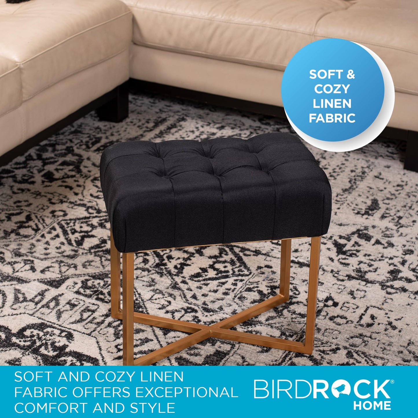 BIRDROCK HOME Rectangle Tufted Linen Ottoman Foot Rest - 19.7x11.82x17.73” Small Foot Stool with Legs - Padded Footrest Modern Ottomans for Living Room Furniture, Bedroom Footstool (Black)