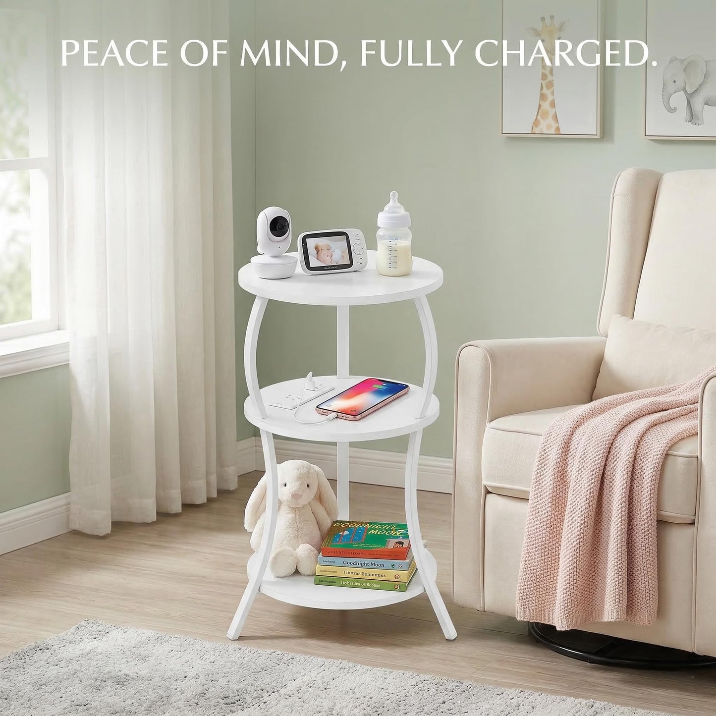 Small Round Side Table with Charging Station, 3-Tier Waist Circular End Table with Storage Shelf, Compact Tea Sofa Side Table Small Spaces, Round Corner Coffee Table for Living Room Bedroon,White