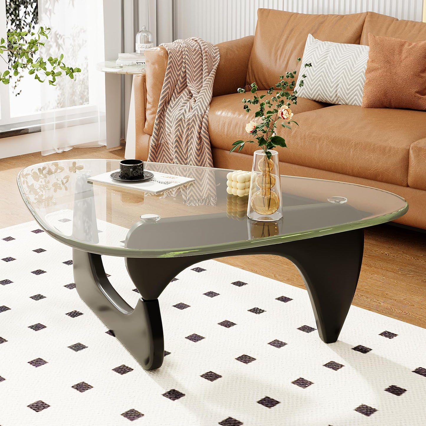 JCAJCA Coffee Table for Living Room Mid Century Modern Center Table with Glass Top, 32 Inch, Black/Transparent