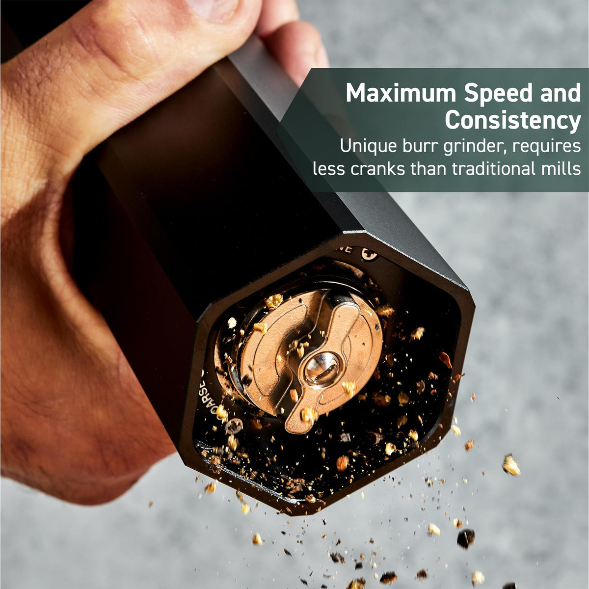 HexClad HexMill Pepper Grinder, Professional Grade Heavy Duty, Refillable, Aluminum Matte Black, Adjustable Ten Coarse Grind Settings