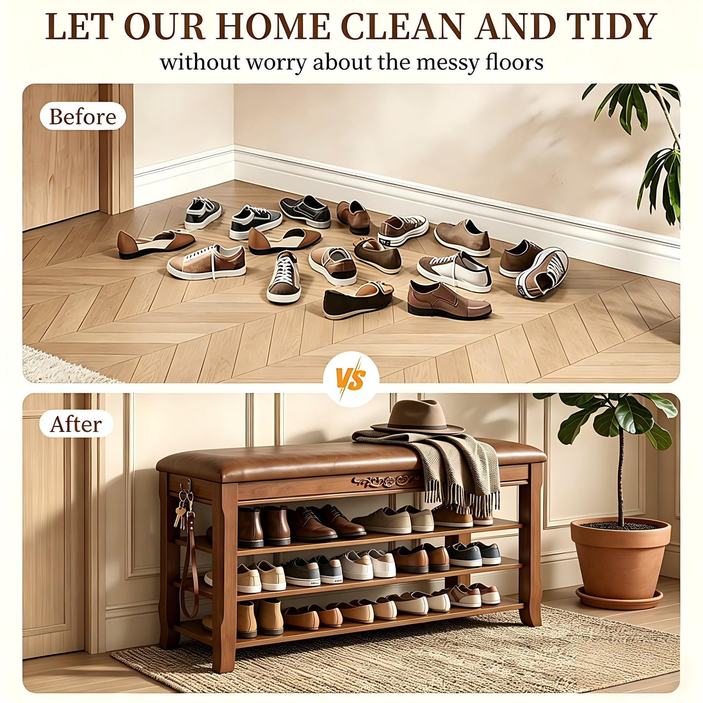 Shoe Rack Bench Entryway Storage with Leather Cushion, Shoe Organizer Bench for Entryway, Front Doors Entrances Hallway,Mudroom,Closet, Bedroom,Solidwood 3 Height-Adjustable Removable Shelve,31.5"