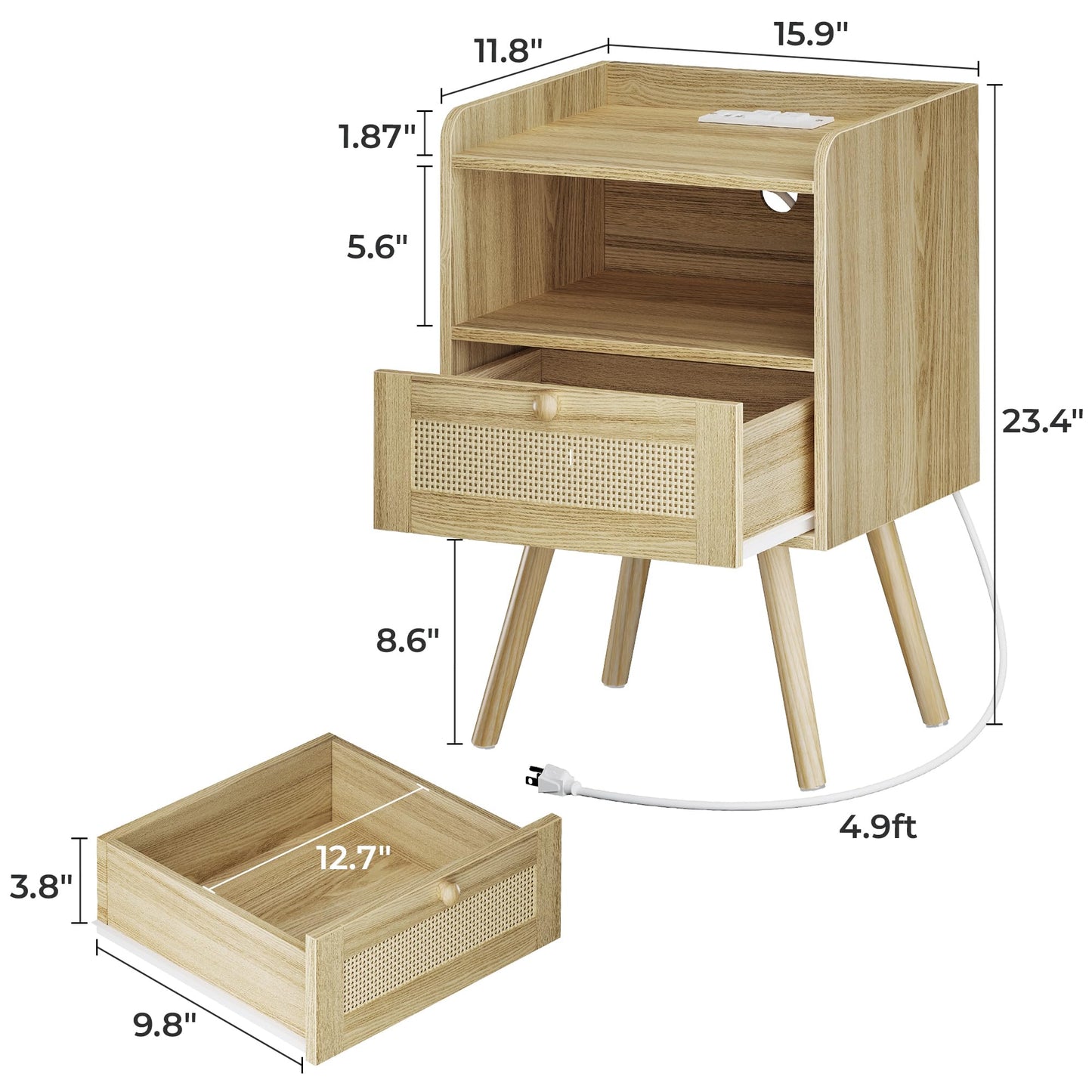 SUPERJARE Nightstands Set of 2, Night Stands with Charging Station & PE Rattan Decor Drawer, Bed Side Tables with Solid Wood Feet, End Table, for Bedroom, Living Room - Natural