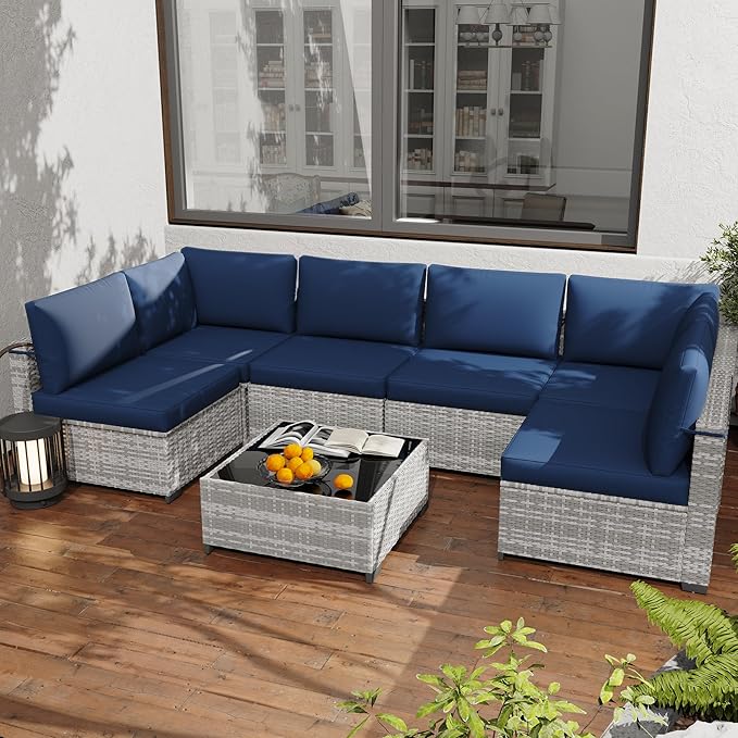KIGOTY Patio Furniture Set, 7 Pieces Modular Outdoor Sectional Sofa, PE Rattan