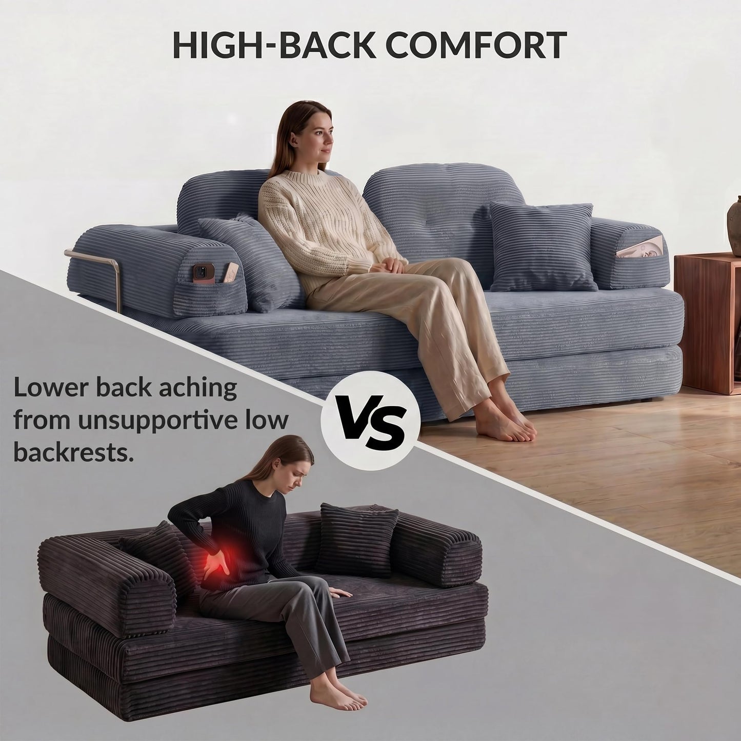 YasuSoofa Boneless Floor Sofa, 3-in-1 Convertible Loveseat Sleeper Futon, Modular Small Space Sofa Bed with High Headrests & Side Storage Pockets for Living Room, No Assembly, Bedroom, Apartment