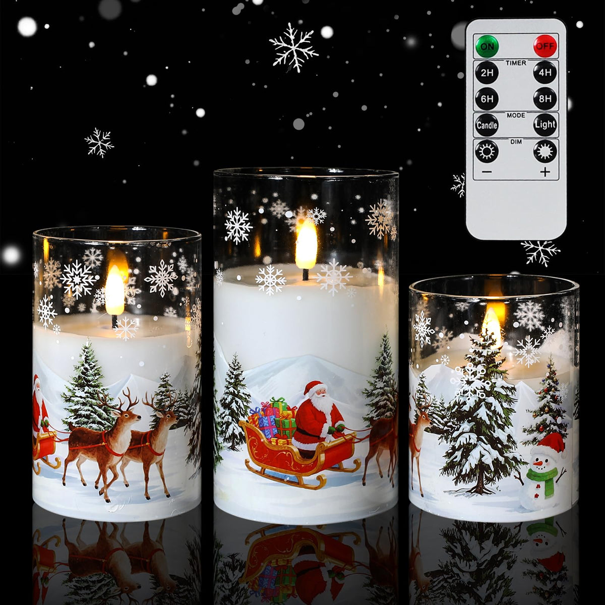 Sariiraw Christmas Snowman Glass Flameless Candles with Remote Timer, Set of 3 Battery Operated LED Pillar Candles for Christmas Decorations, 4" 5" 6" Heights, Warm White Light