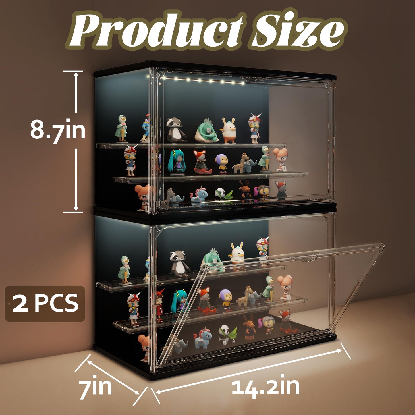 VERSSURE 2PCS Clear Display Case for Collectibles, 3-Tier Adjustable Display Case with Led Light,Stackable Storage Bins with Magnetic Door for Jewelry (Black)