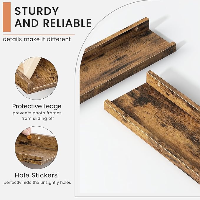 Floating Picture Ledge Shelves Set of 8, 16 Inch Solid Wood Wall Shelves