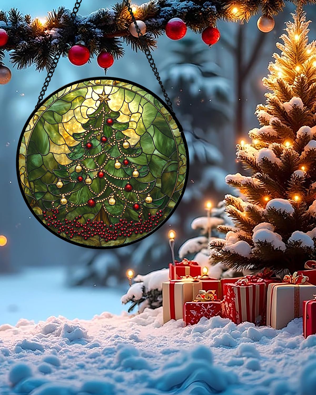 Stained Glass Window Hanging - Retro Green Christmas Tree Suncatcher for Doors Home Christmas Decoration Sun Catcher Thanksgiving New Year Birthday Gifts for Women Men Mom Nana 9.8 in