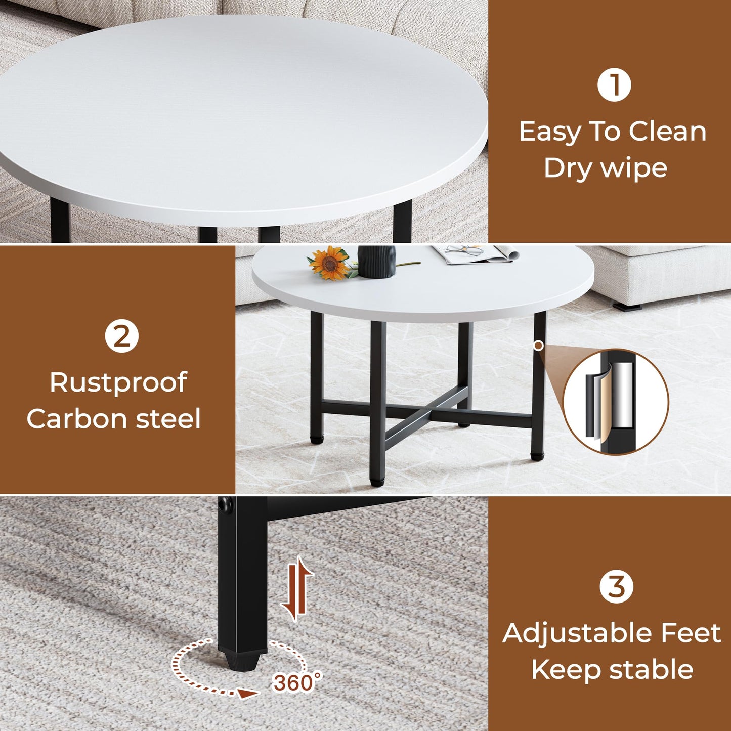 FURMORENE Coffee Table, 23.6" Small Coffee Tables, Gray Round Coffee Tables for Living Room, Floor Table for Sitting on The Floor, Center Coffee Table with Metal Frame for Office Apartment Home, White